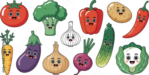 Set of cute vegetables with faces in simple children flat style, colorful cabbage carrot broccoli tomato and more on white background