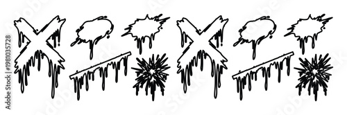 Grunge graffiti drip elements vector set, black ink splatter and cross symbols, hand drawn urban street art textures for edgy graphic design