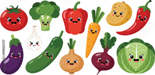 Set of cute vegetables with faces in simple children flat style, colorful cabbage carrot broccoli tomato and more on white background