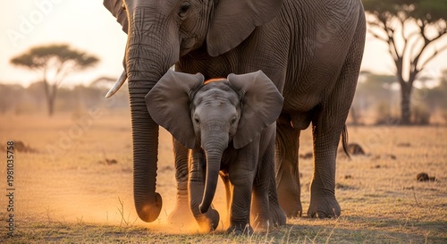 Powerful bond An adult elephant and its baby gracefully traverse the sun-kissed savanna landscape