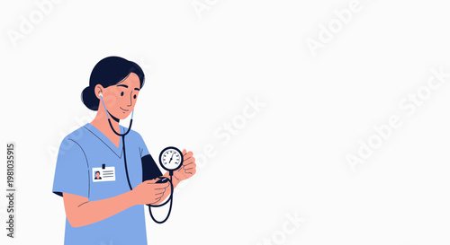 Nurse checking blood pressure with stethoscope and sphygmomanometer, medical care concept