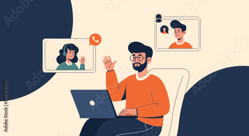 Man on video call with colleagues, remote work, online communication, business meeting