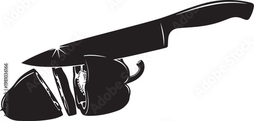 Black silhouette of knife cutting bell pepper