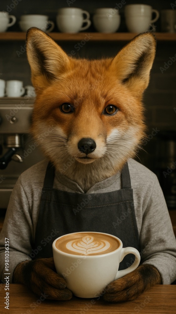 Fototapeta premium Fox barista holding latte art