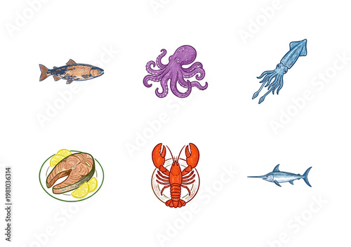 Marine Seafood and Ocean Creatures with Inky Pencil Texture and Crayon Calligraphic Ink Strokes