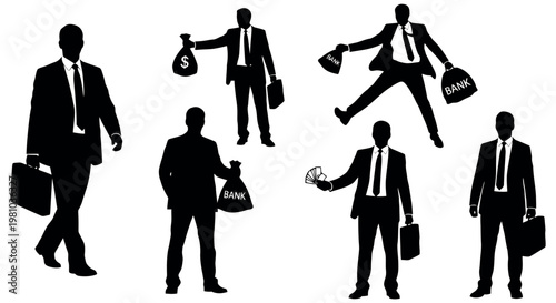 Black silhouettes of businessmen with money bags and briefcases isolated on white background