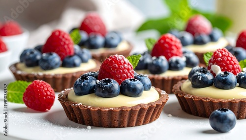 A plate of chocolate tarts with berries and cream