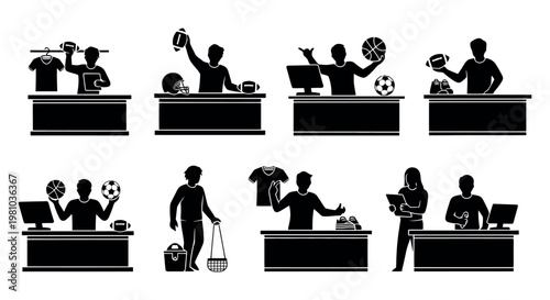 People working at counters with various objects