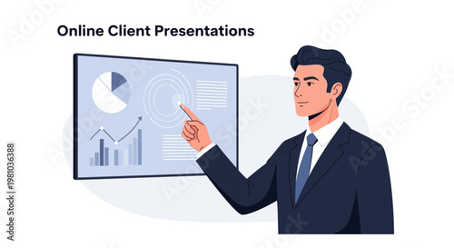 Man presenting online client data analysis on screen, business meeting concept