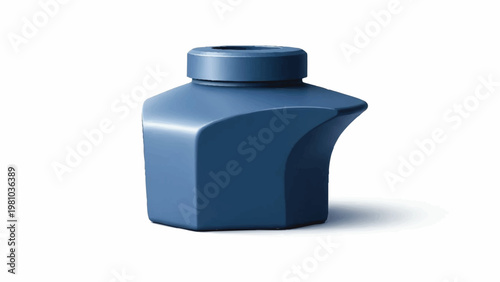 A modern, minimalist illustration of a dark blue, hexagonal ink bottle with a closed cap, presented against a plain white background with subtle shadow