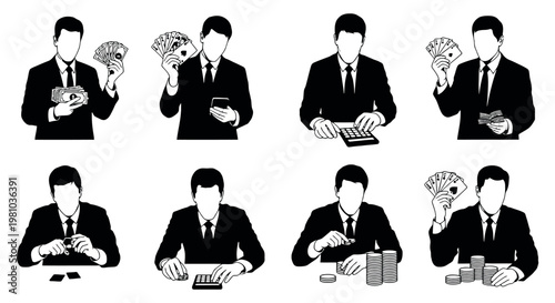 Businessmen handling money and cards in various actions