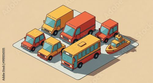 Collection of isometric vehicles including cars vans and bus.