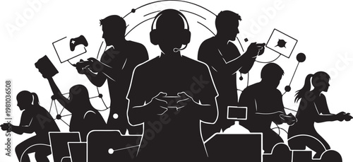 Black silhouette of people with cameras and recording equipment