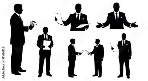Silhouettes of businessmen in various poses with documents and money