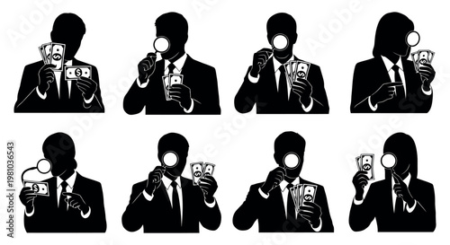 Silhouettes of businesspeople examining money with magnifying glasses in various poses