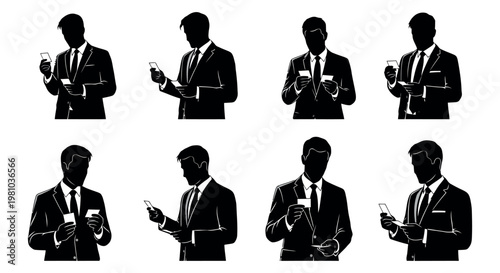 Silhouettes of businessmen in suits using smartphones isolated on white background