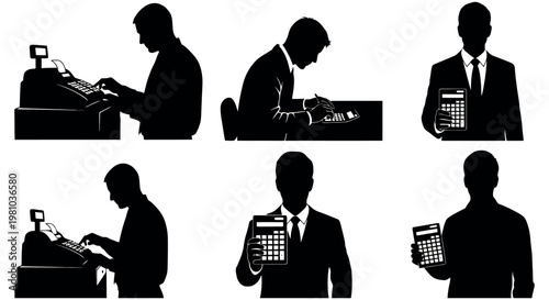 Silhouettes of businessmen using calculators and computers in various office settings