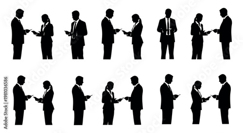 Silhouettes of business people in various professional poses isolated on white background