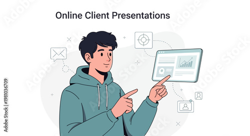 Man presenting online client presentation on tablet, virtual meeting concept