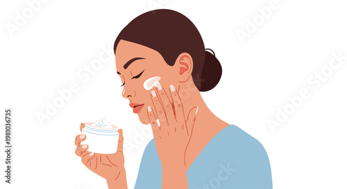 A woman shown in profile view carefully applies a dab of white moisturizing cream from a small jar to her face against a pristine clean white background.