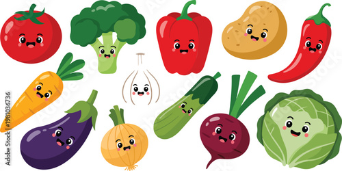 Set of cute vegetables with faces in simple children flat style, colorful cabbage carrot broccoli tomato and more on white background