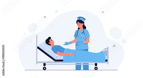 Nurse caring for patient in hospital bed, medical illustration, healthcare concept