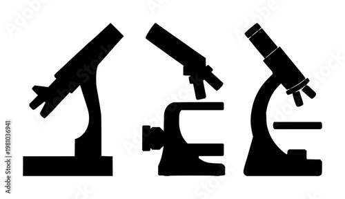 Microscope set with solid black icon design featuring microscope, science, equipment with vector illustration and medical graphics
