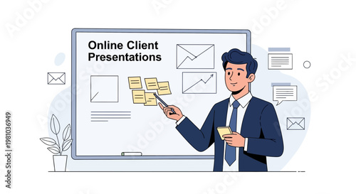 Man presenting online client presentations on a whiteboard with charts and emails