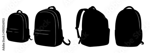 Student backpack silhouette set with solid black outline against white background featuring backpack, luggage, travel scenery with student life and education