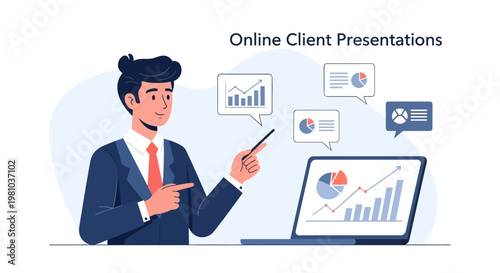Man presenting online client presentations with charts and graphs on laptop