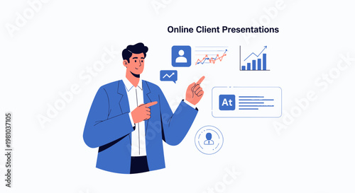 Man presenting online client presentations with charts and graphs