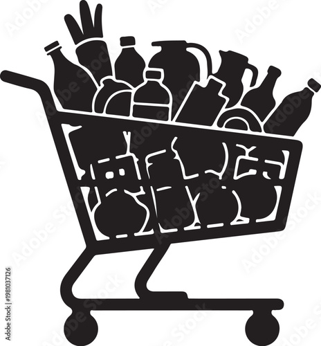 Black silhouette shopping cart filled with bottles and jugs