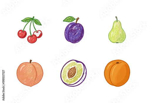 Stone Fruit and Orchard Harvest Elements including Plums and Apricots with Inky Pencil Texture and Crayon Colorful Style.