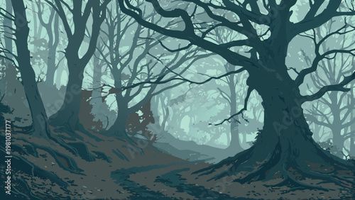 Spooky Misty Forest Path with Ancient Gnarled Trees in Vector Style