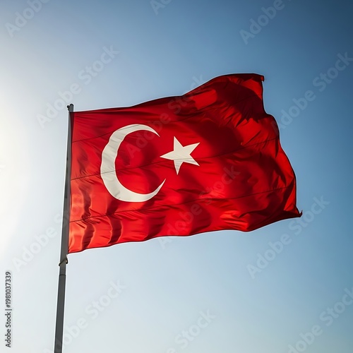 Turkish Flag Waving Proudly Against a Clear Blue Sky.
