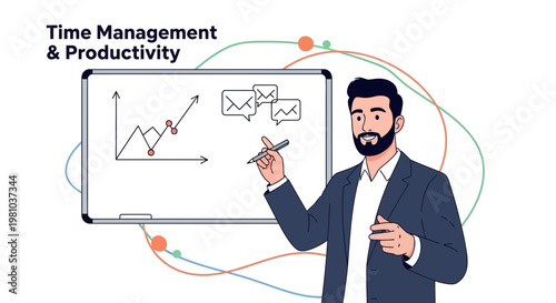Man presenting Time Management & Productivity concepts on a whiteboard with graph and messages