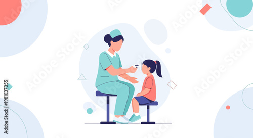 Nurse examining child's eye with ophthalmoscope, medical checkup, healthcare concept