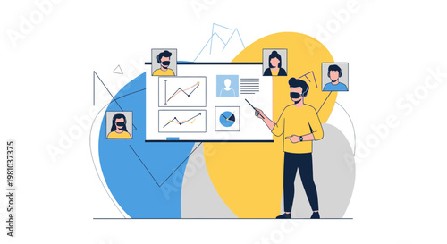 Man presenting online meeting with charts and participant avatars on screen