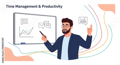 Man presenting Time Management & Productivity concepts with whiteboard and charts