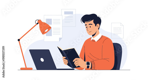 Man Reading Book at Desk with Laptop and Lamp, Studying or Working