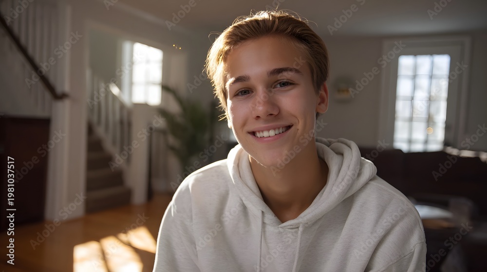 Obraz premium Young man smiling warmly in a brightly lit modern living room bathed in natural daylight
