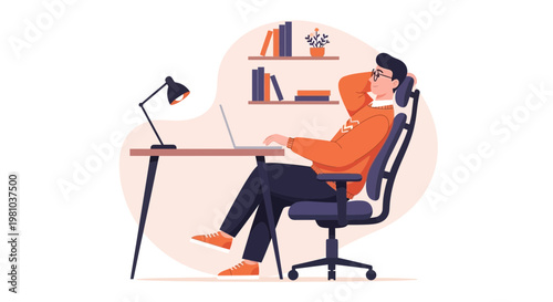 Man Relaxing at Desk with Laptop, Home Office Setup, Productivity Break