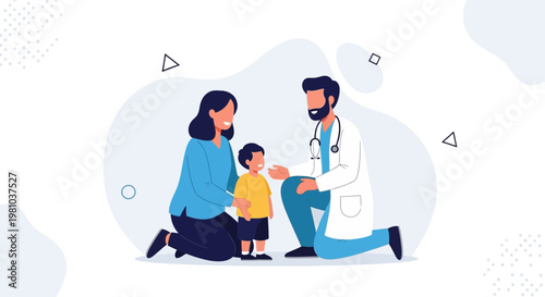 Doctor with mother and child, healthcare concept, family medical checkup illustration