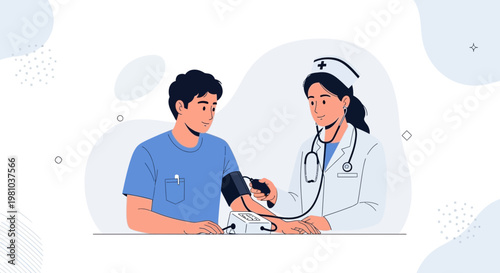 Nurse checking patient's blood pressure with a sphygmomanometer in a clinic