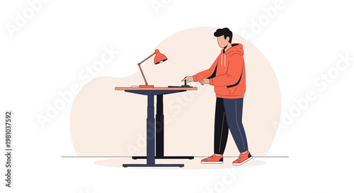 Man Standing at Adjustable Desk with Lamp, Working Remotely