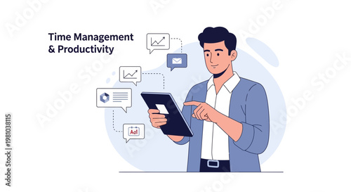 Man using tablet for time management and productivity with charts and notifications