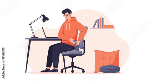 Man with back pain sitting at desk with laptop, working from home concept