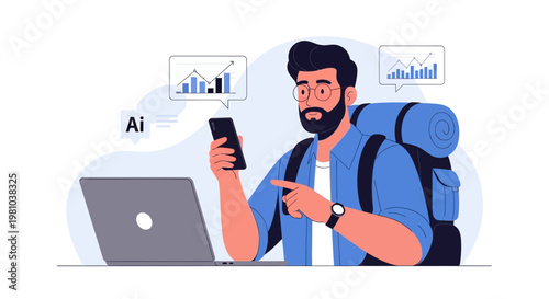 Man with backpack using smartphone and laptop, analyzing charts, AI concept