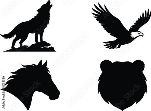 Wild animal silhouette collection featuring howling wolf, flying eagle, horse head profile, and grizzly bear face on white background, vector set.