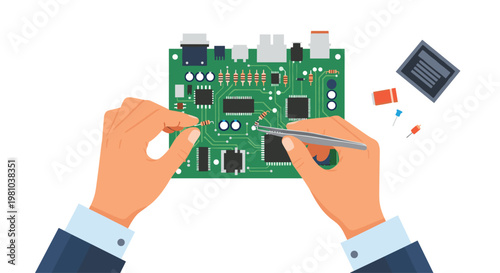 Meticulous human hands carefully assemble a complex green printed circuit board using silver tweezers and tiny electronic components on a white background.